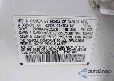2009 Acura Mdx Technology Package из США, поврежденный, VIN 2HNYD28429H518656